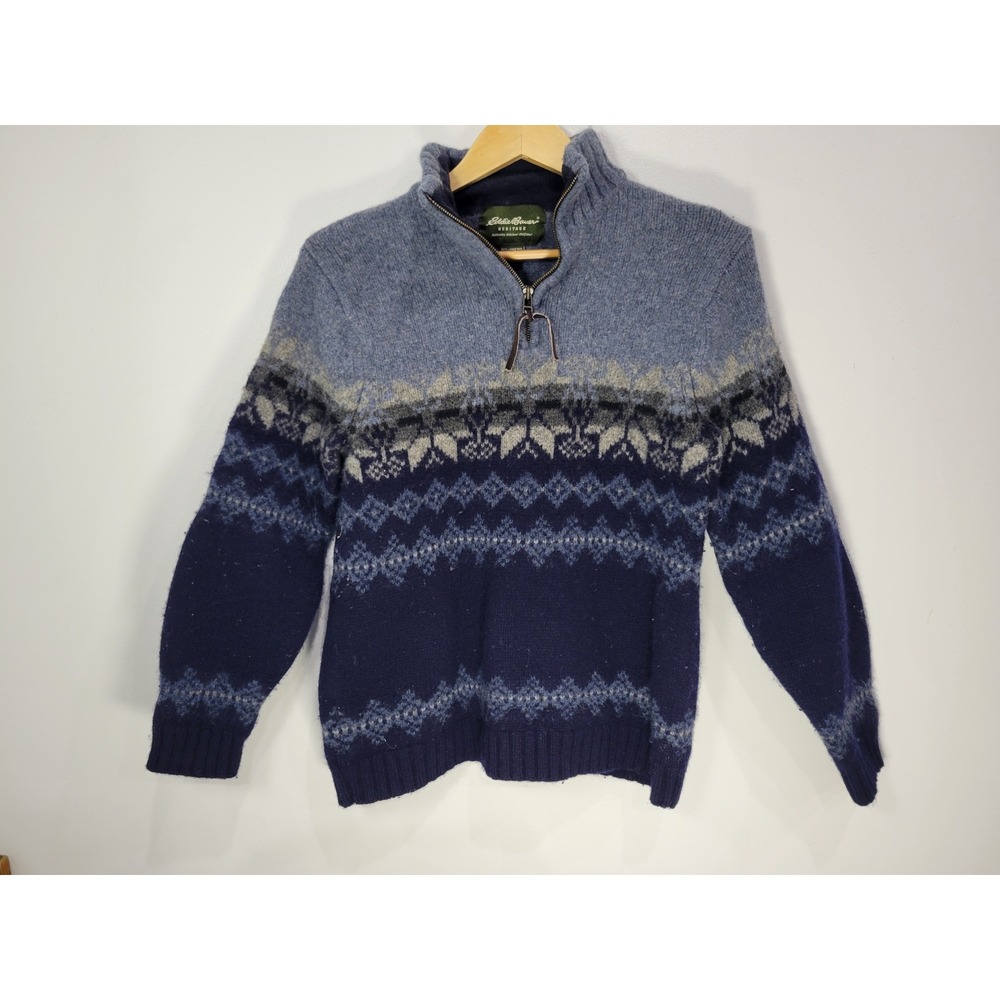Eddie Bauer Heritage Womens Blue Fair Isle 100% Lambswool Quarter Zip Sweater L